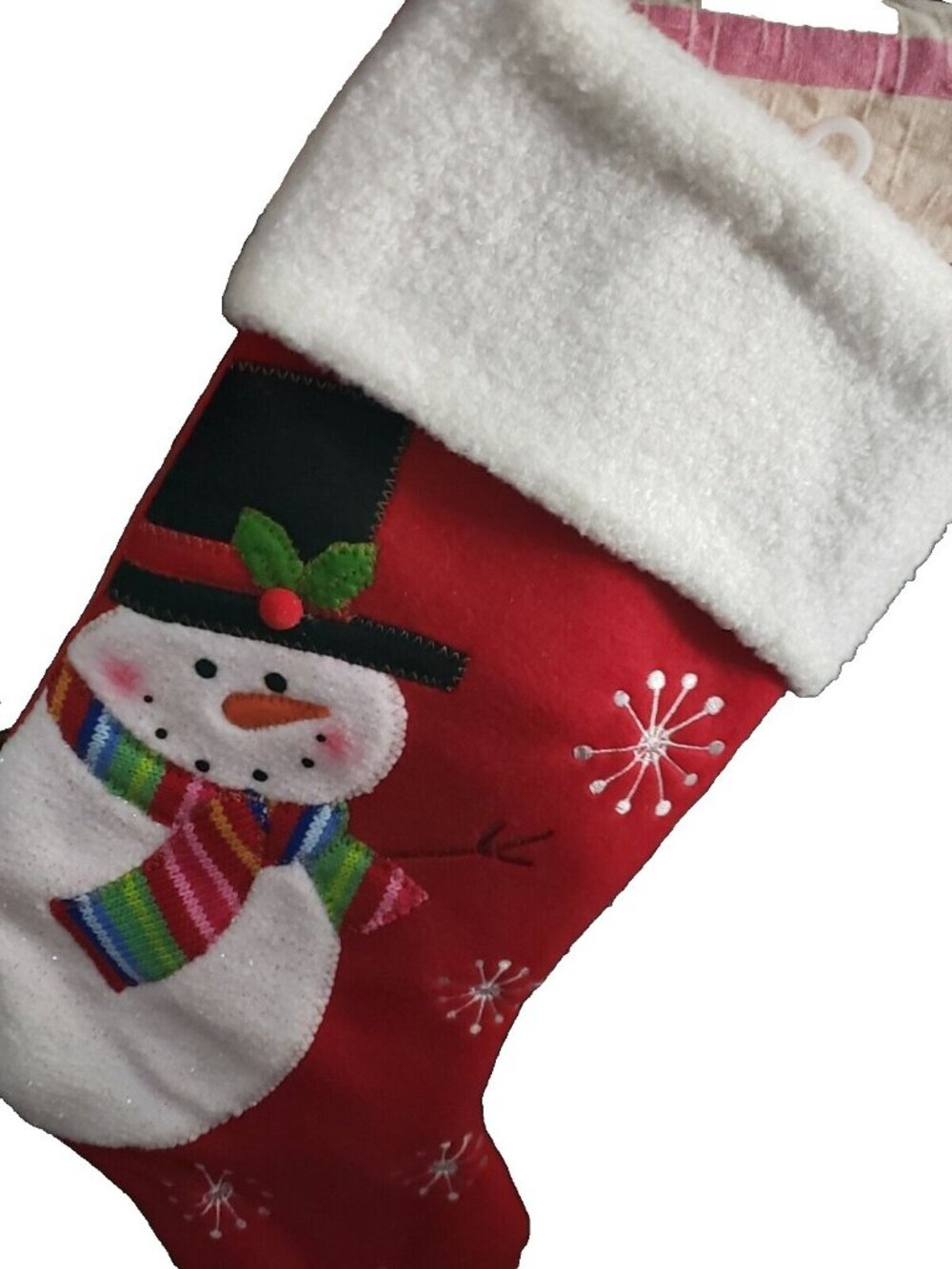 Christmas Stocking 18in Length 8in Width Red with Applique Snowman Snowflakes